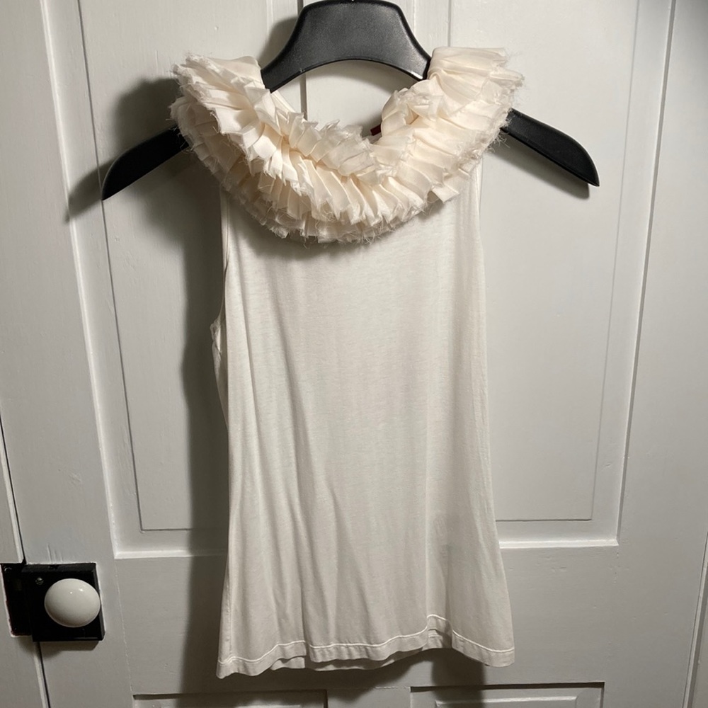 Dondup sleeveless ruffle neck jersey knit top in white/cream size medium NWT
